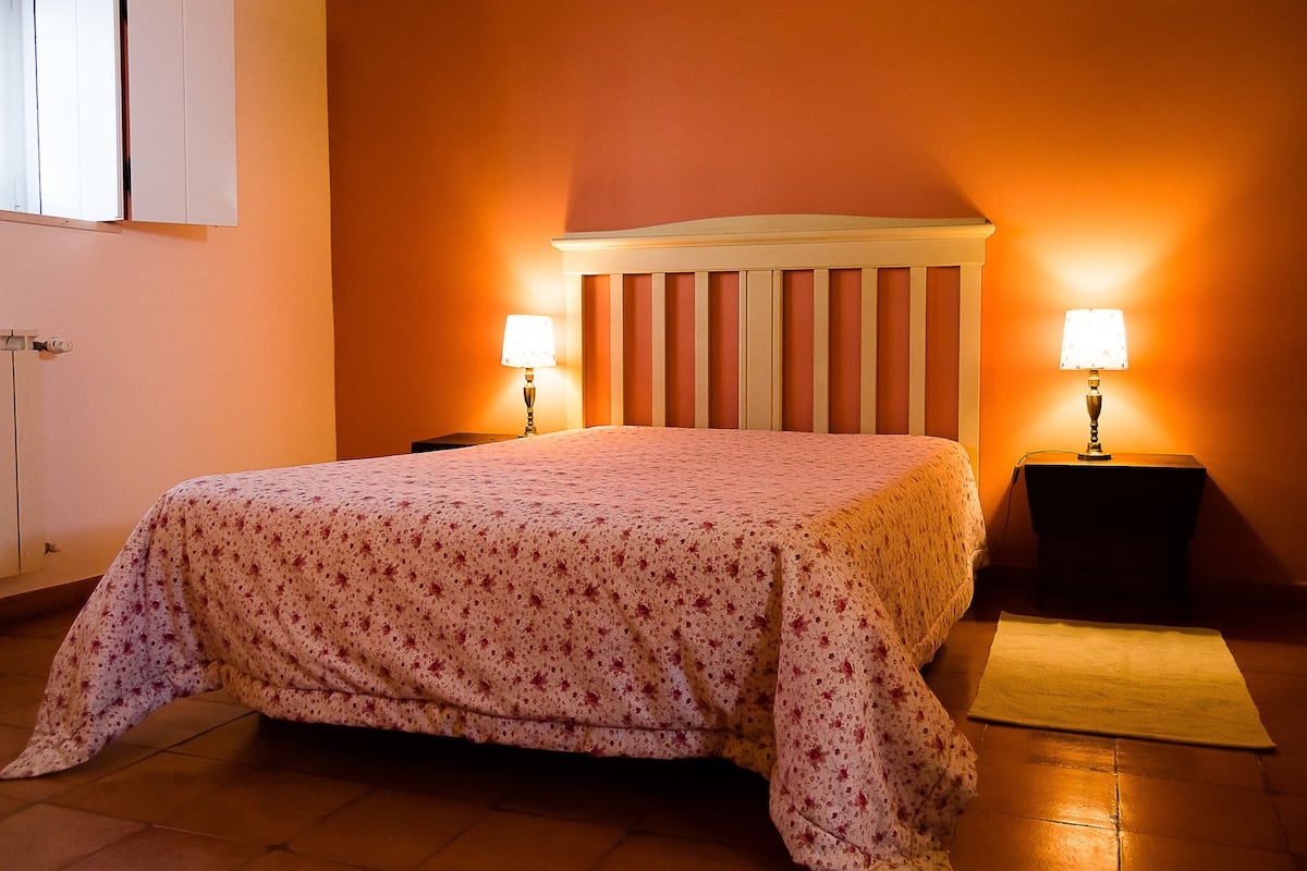 Una cama bien hecha con una colcha estampada, dos lámparas de noche y una ventana con persianas.