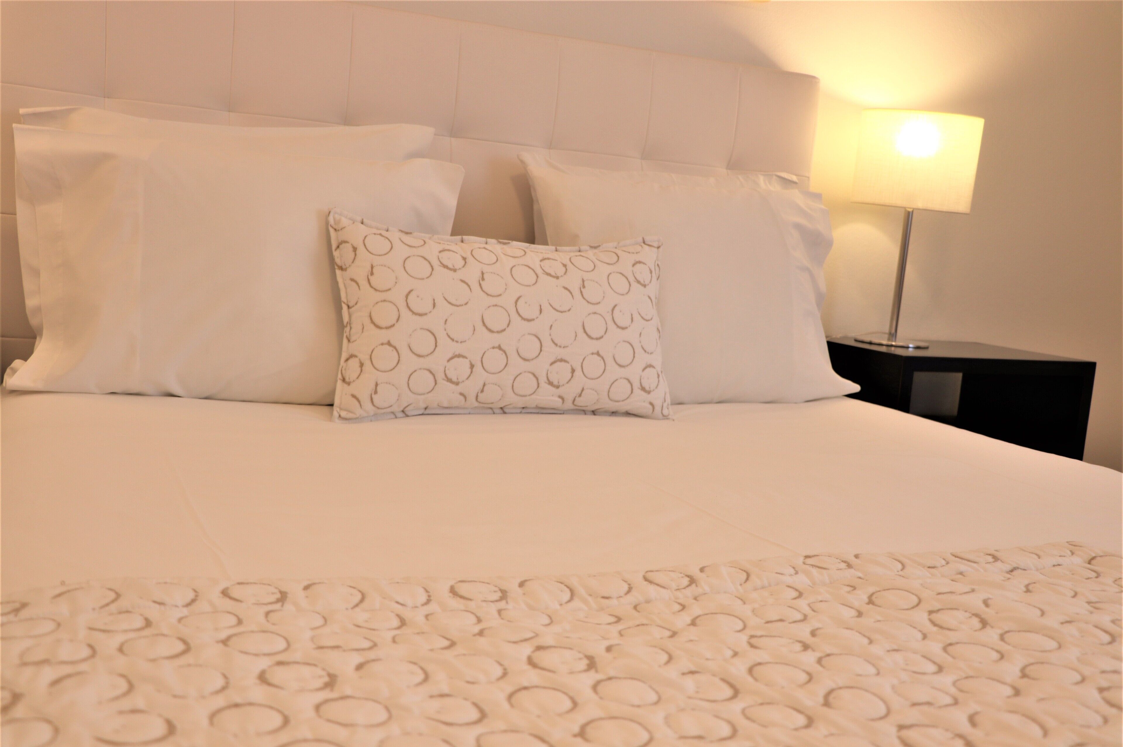 A neatly made bed with a patterned pillow and a plain pillow, a bedside lamp, and a headboard.