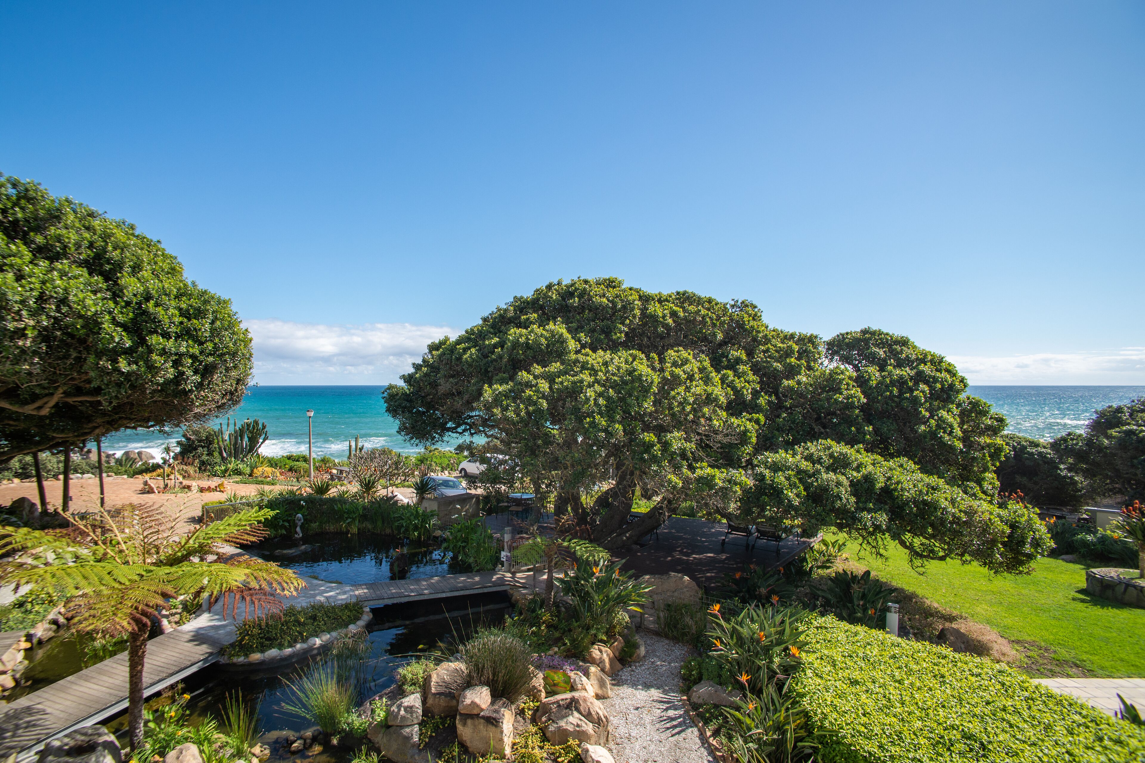 A coastal garden with a pond, wooden bridge, and lush greenery.