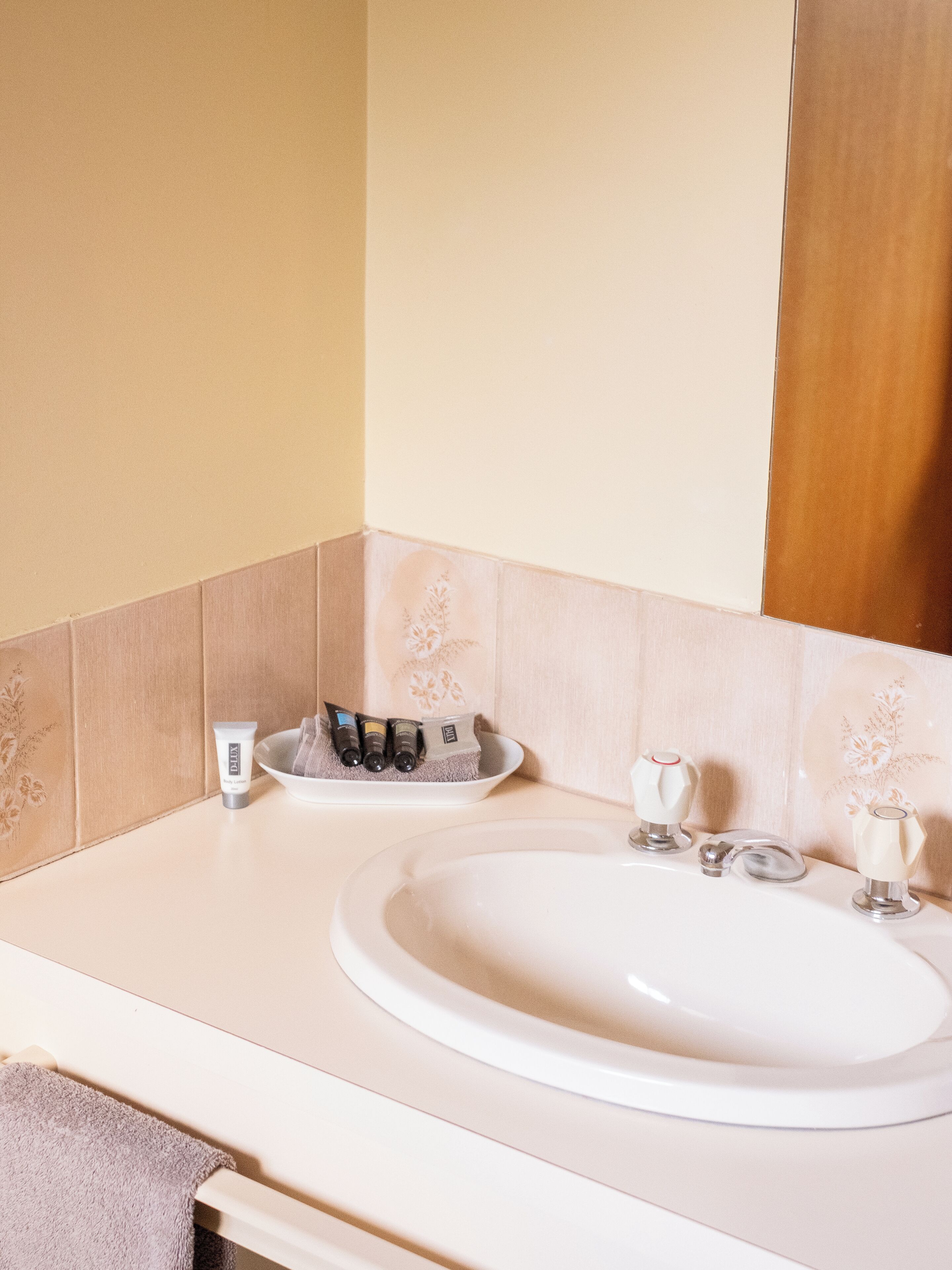 A bathroom with a white sink, a mirror, and toiletries on the counter.