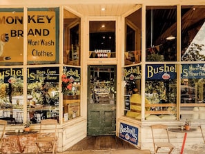 Fachada de una tienda con varios carteles que anuncian café y ropa, incluyendo 'Bushells Pure Coffee' y 'Monkey Brand Won't Wash Clothes'.