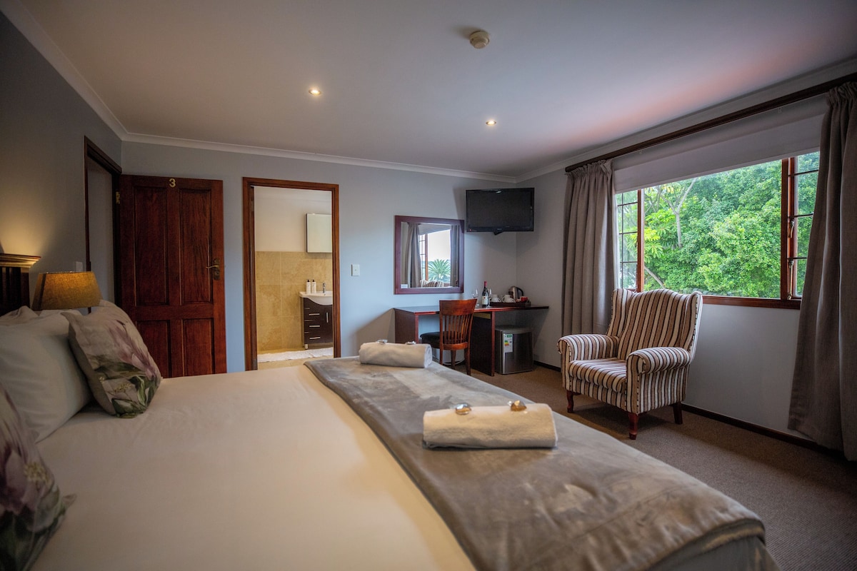 A hotel room with a bed, a desk, a chair, a TV, and a window with a view of greenery.