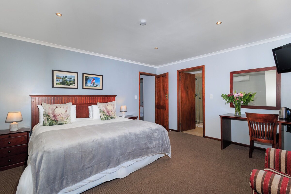 Habitación de hotel con cama, mesitas de noche, escritorio con silla, espejo y televisor.