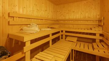 A wooden sauna with benches and a bench seat.