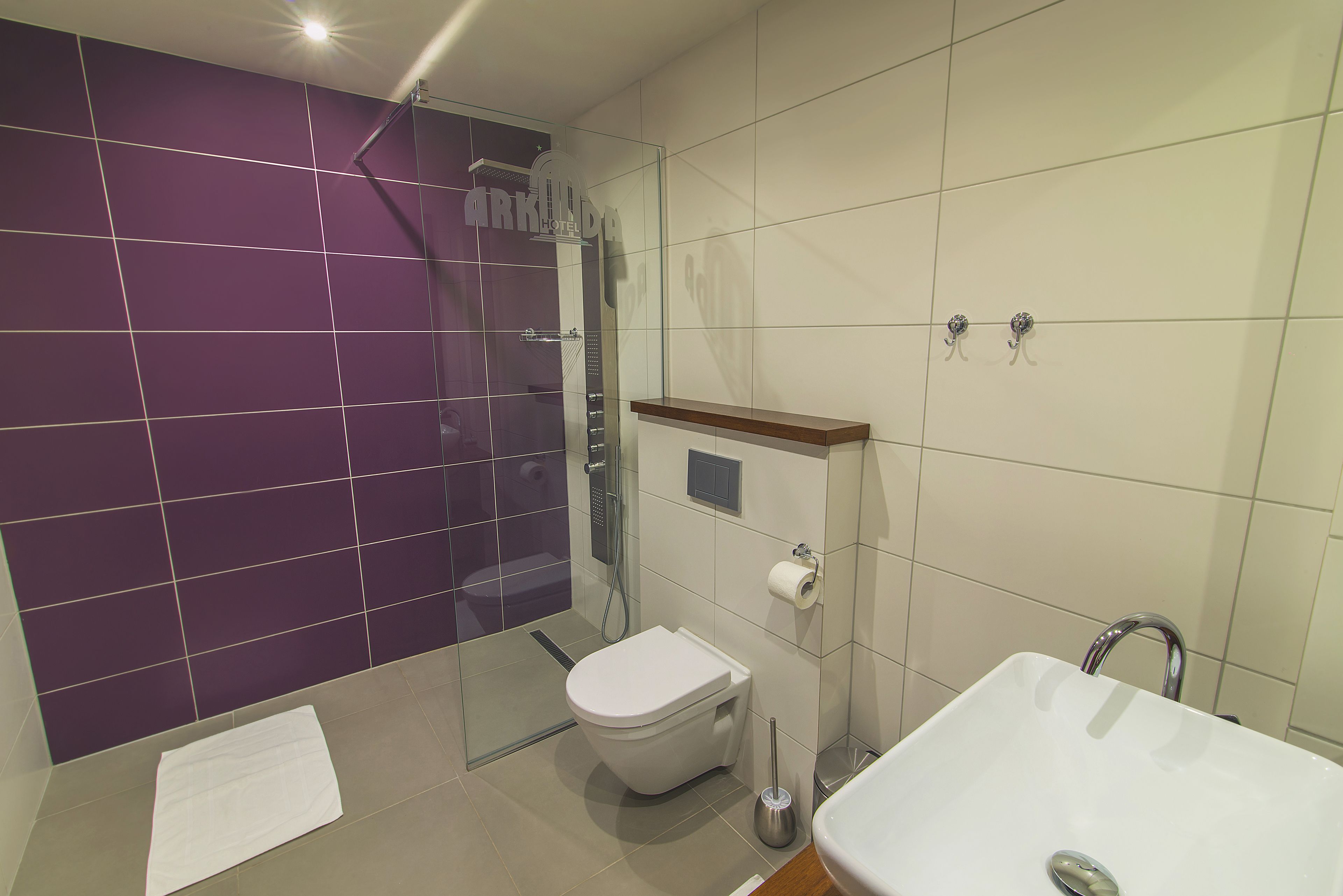 A modern bathroom with a glass shower enclosure, a white toilet, and a large white sink.