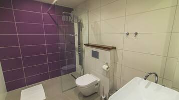 A modern bathroom with a glass shower enclosure, a white toilet, and a large white sink.