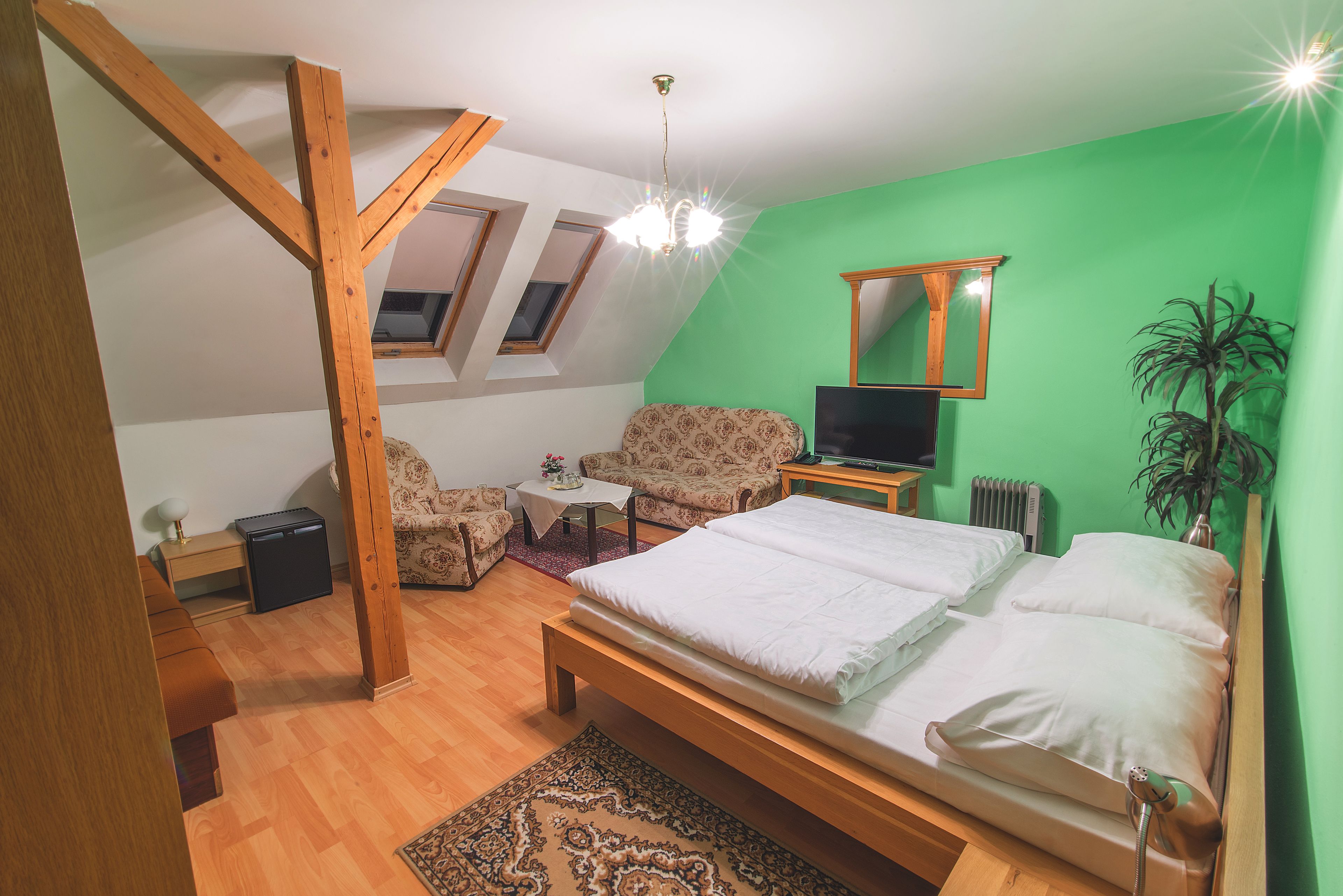 A bedroom with a bed, a chair, a small table, a TV, a radiator, and a plant.