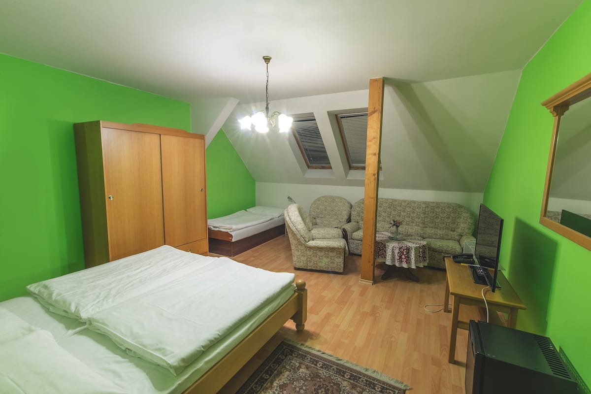 Un dormitorio con una cama, una silla, un sofá, un escritorio con una computadora y un espejo.