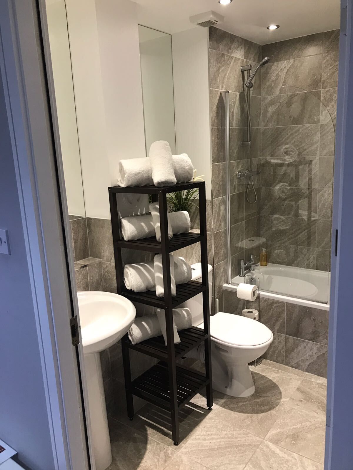 Combined shower/bathtub, free toiletries, hair dryer, towels