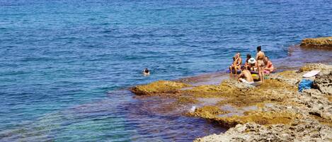 Beach umbrellas, beach towels, snorkeling
