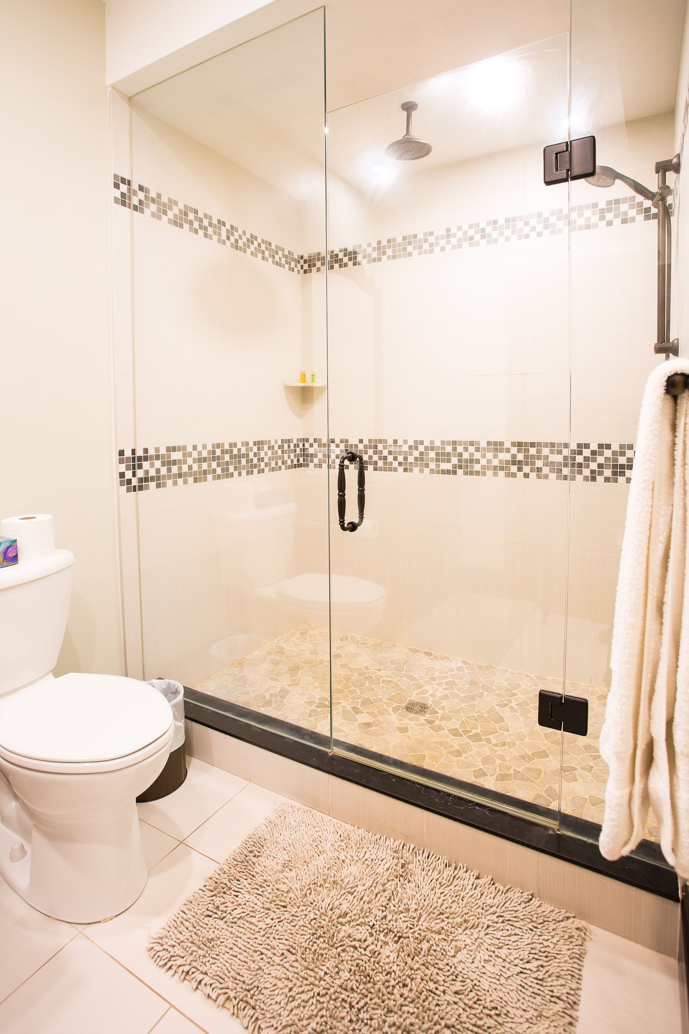 Un baño moderno con ducha de vidrio, inodoro y alfombra color beige.