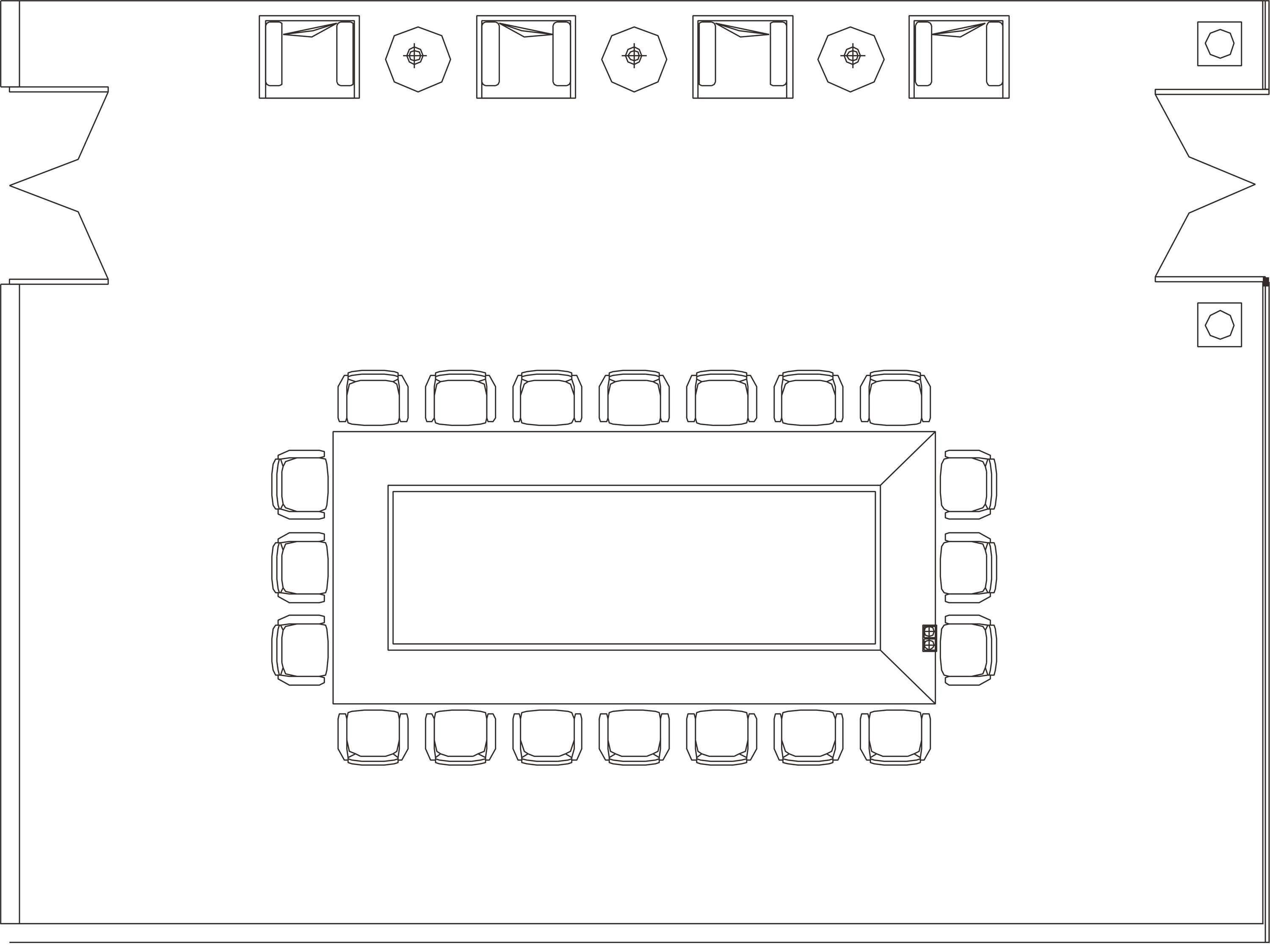 Un plan d’étage d’un hôtel, avec une zone rectangulaire centrale entourée de plusieurs rangées de chaises, indiquant un espace dédié aux conférences ou aux repas.