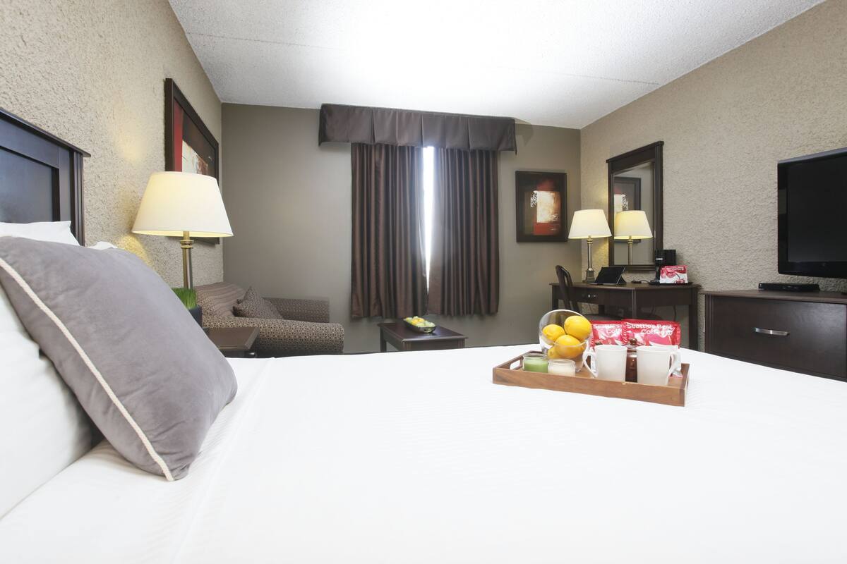 A hotel room with a bed, a desk with a lamp, a television, and a tray with fruits and coffee cups.