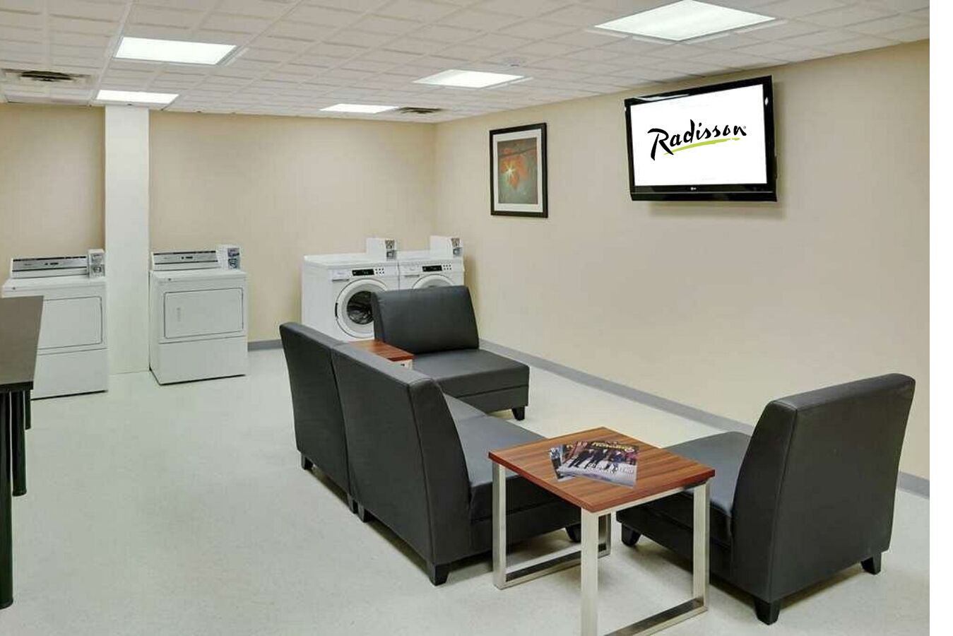 Ein Zimmer mit einer Couch, einem kleinen Tisch, einer Waschmaschine und einem Fernseher, der 'Radisson' zeigt.