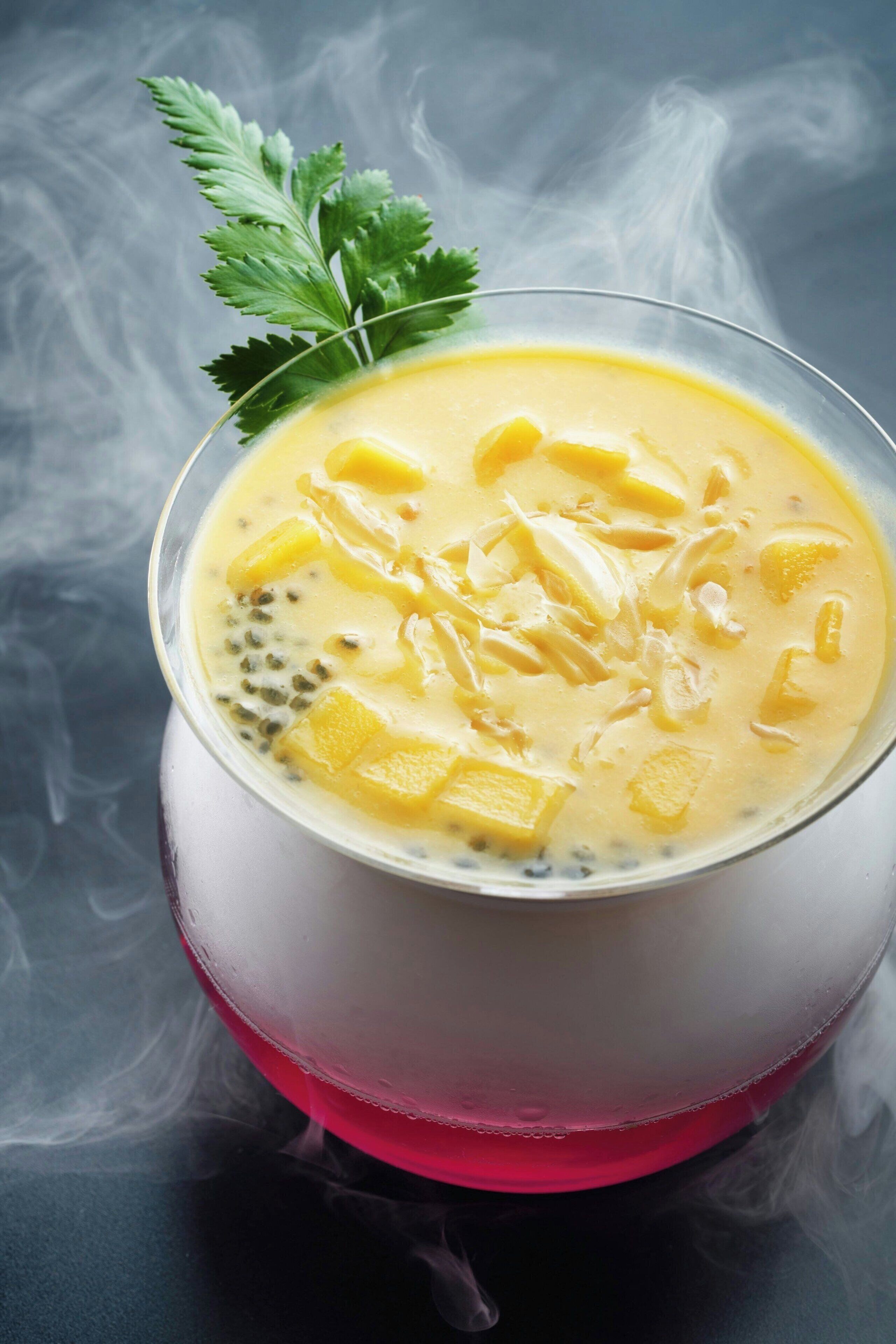 A glass of a creamy beverage with fruit pieces and tapioca pearls, garnished with a leaf, on a foggy background.