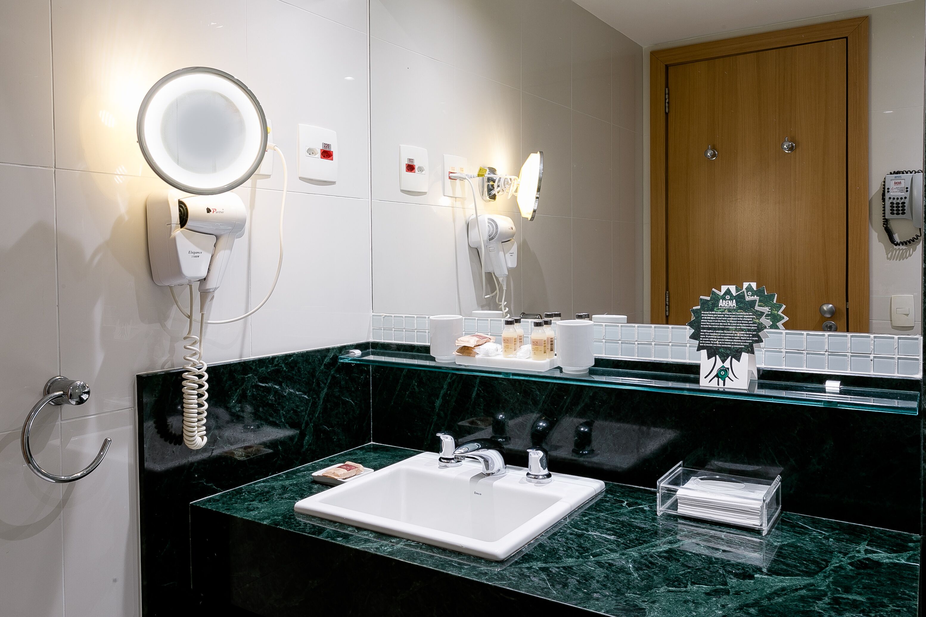 shower, rainfall showerhead, hair dryer, towels