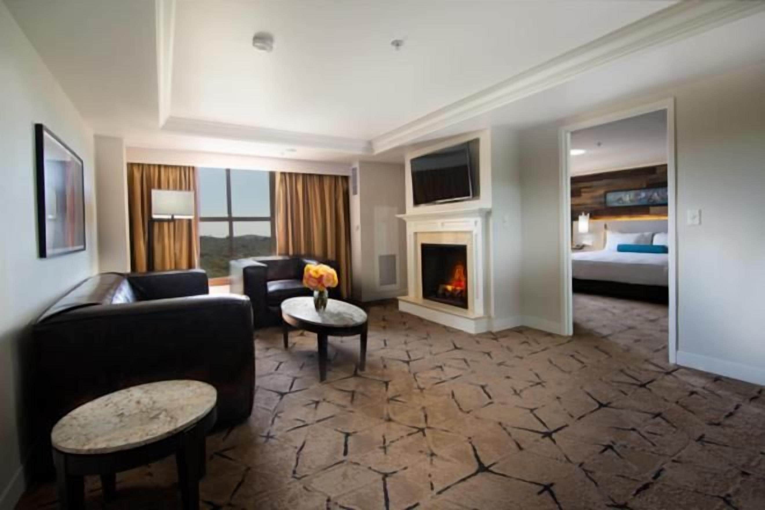 A hotel room with a fireplace, a television, a sofa, and a view of the outdoors.