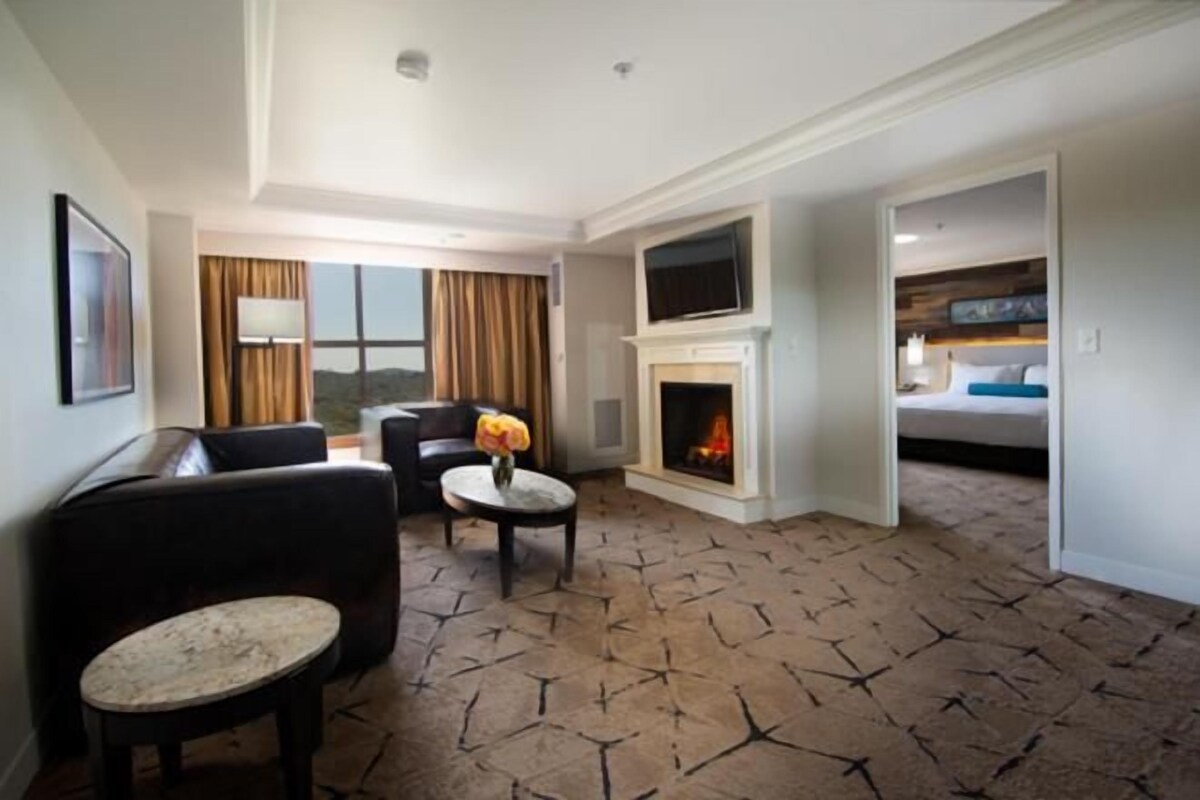 Una habitación de hotel con chimenea, televisión, sofá, mesa de centro y cama.