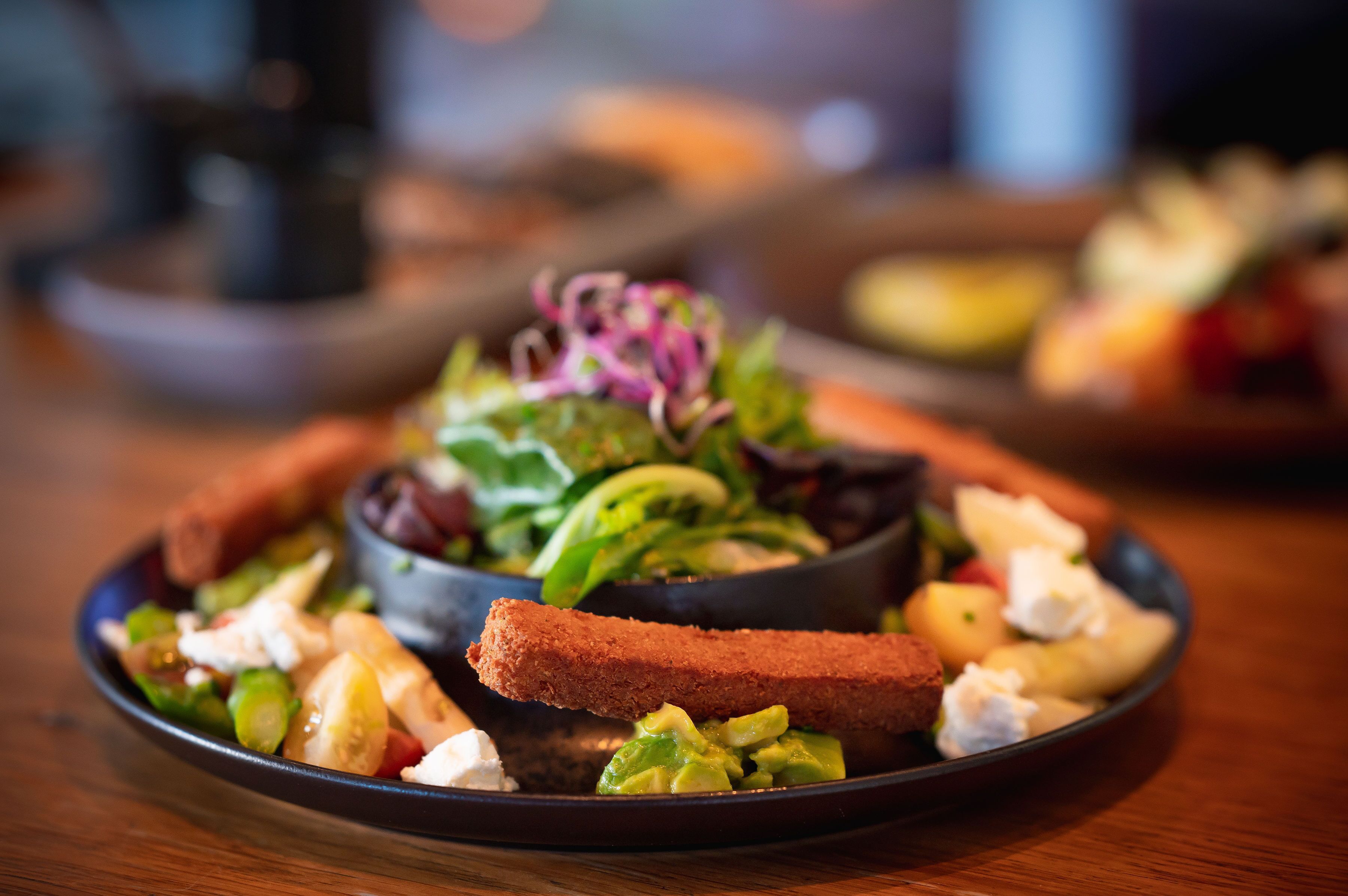 A plate of food with a salad, avocado, and a breaded item.
