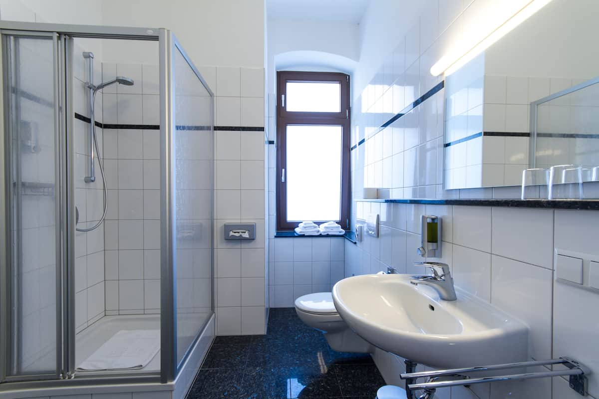 shower, free toiletries, hair dryer, towels