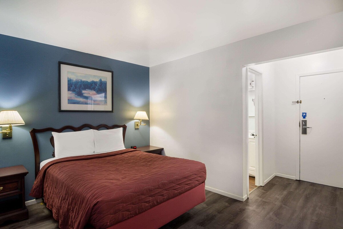 Una habitación de hotel con una cama, dos lámparas de noche, un cuadro en la pared y una puerta.