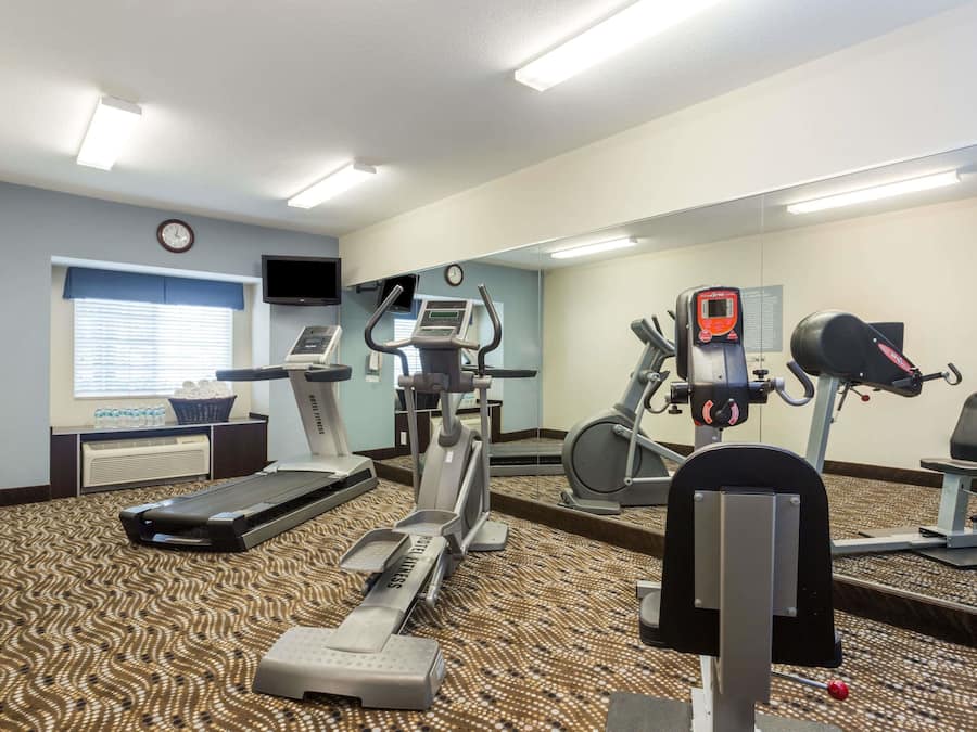 Un gimnasio con cintas de correr, elípticas y equipo de pesas.