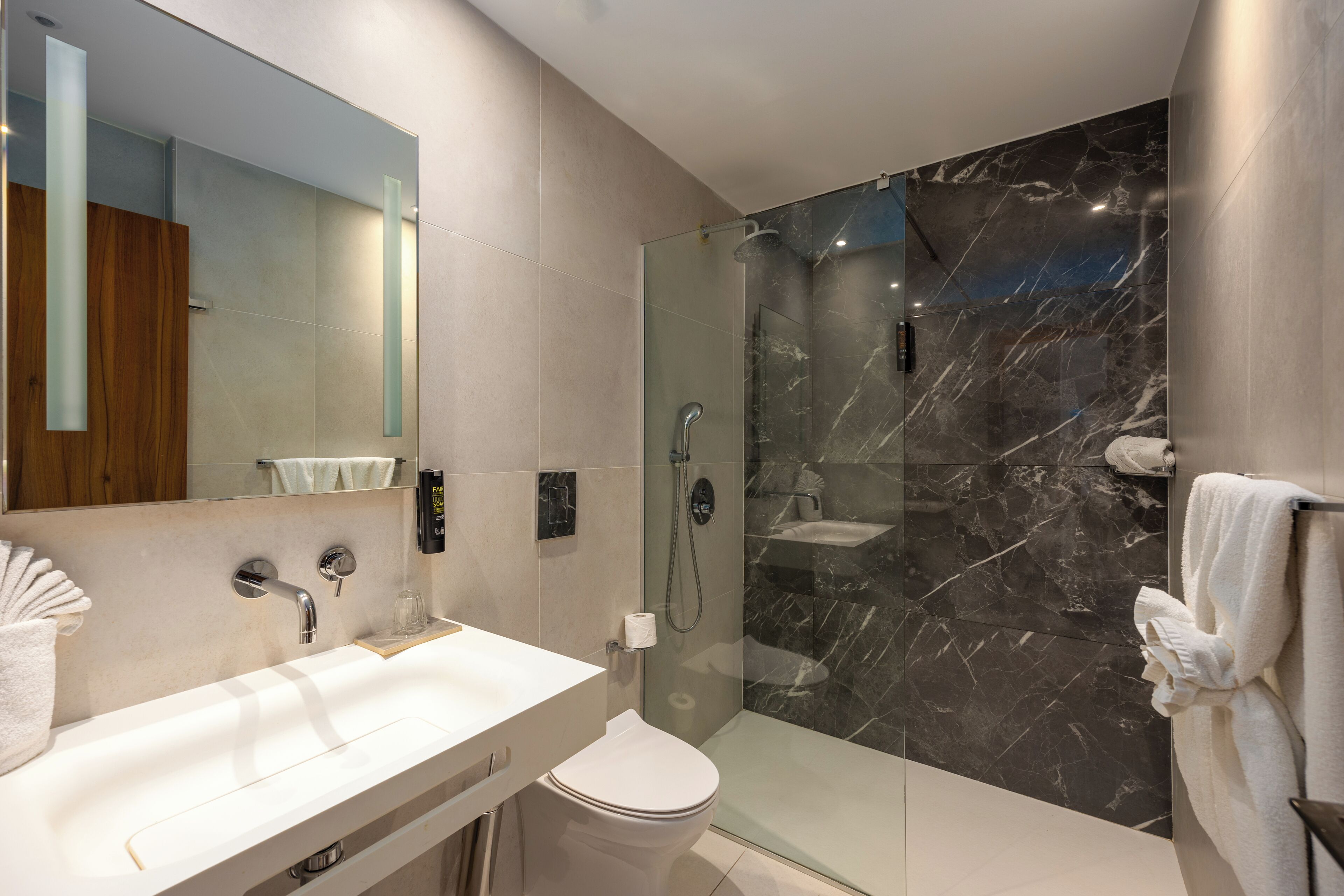 A modern bathroom with a glass-enclosed shower, a white sink, and a toilet.