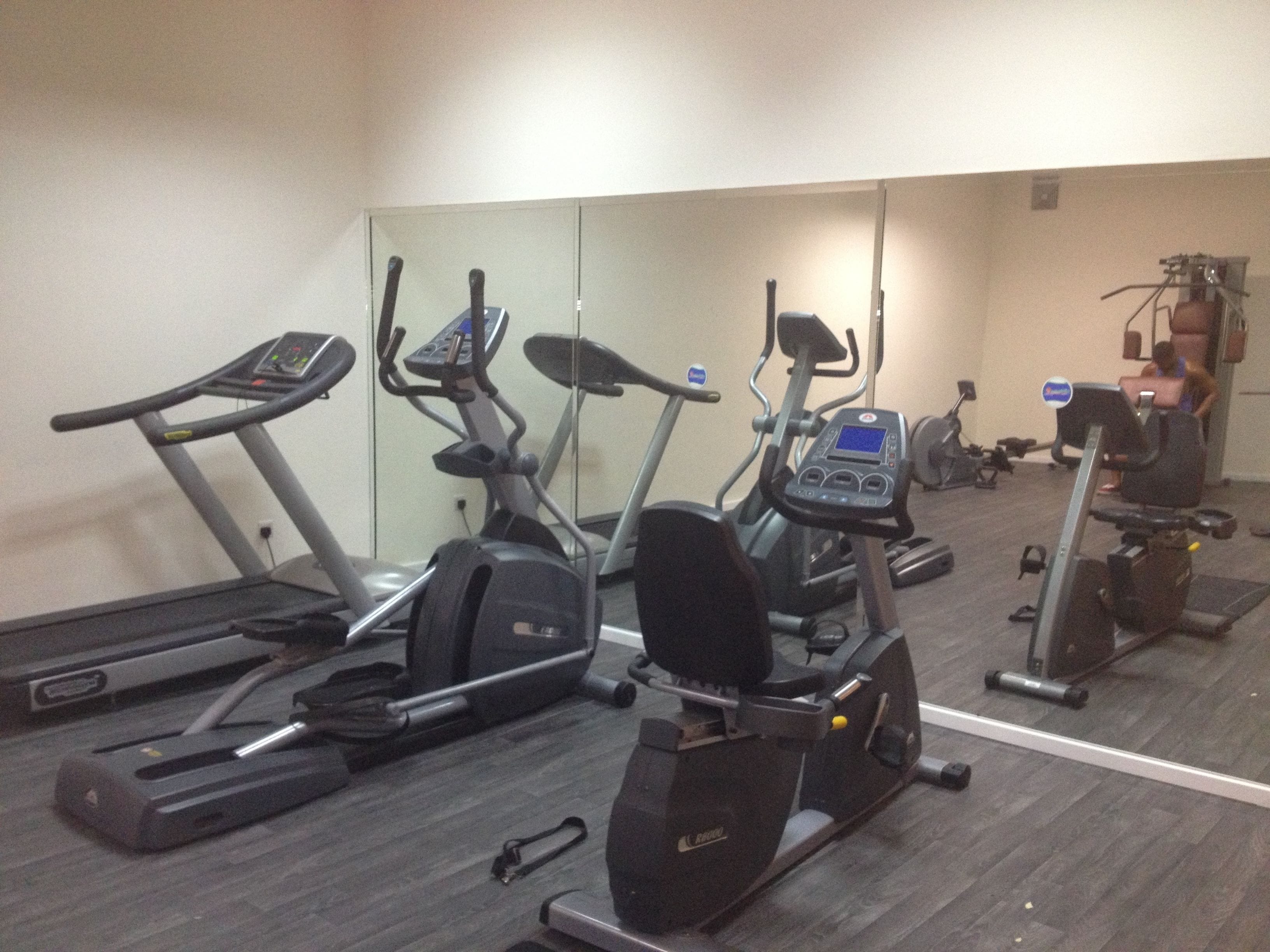 A gym with various exercise machines including treadmills, elliptical trainers, and stationary bikes.