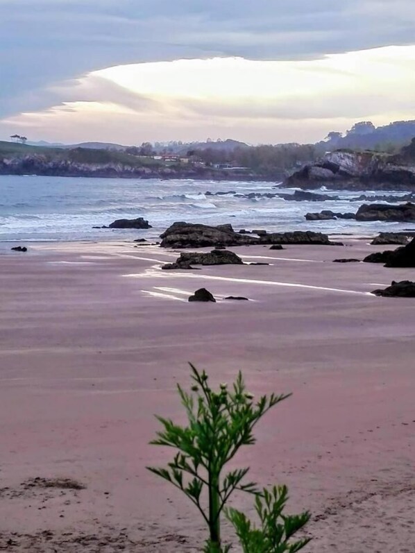 A beach with rocks and waves.