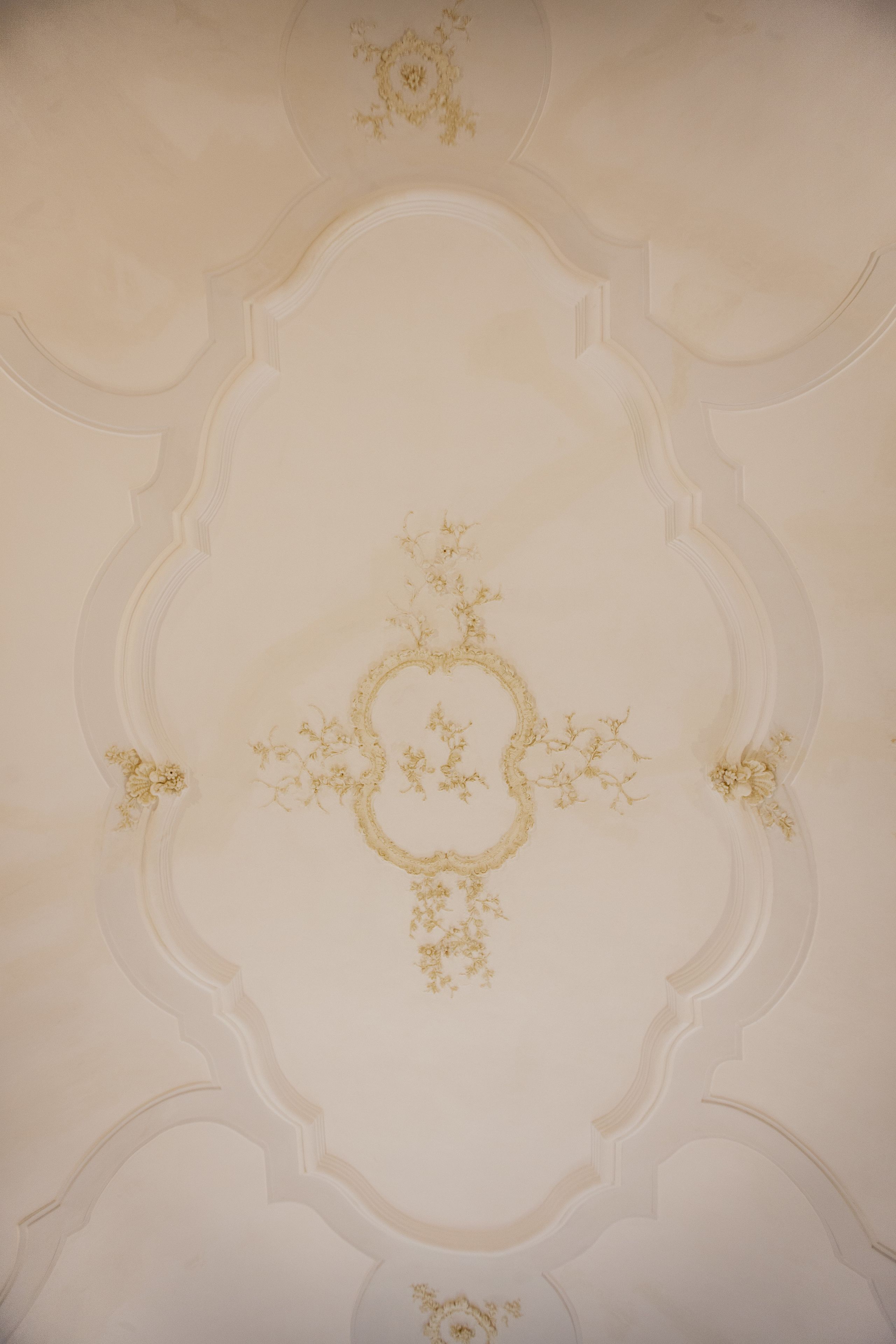 A ceiling with ornate gold floral patterns and classical architectural moldings.