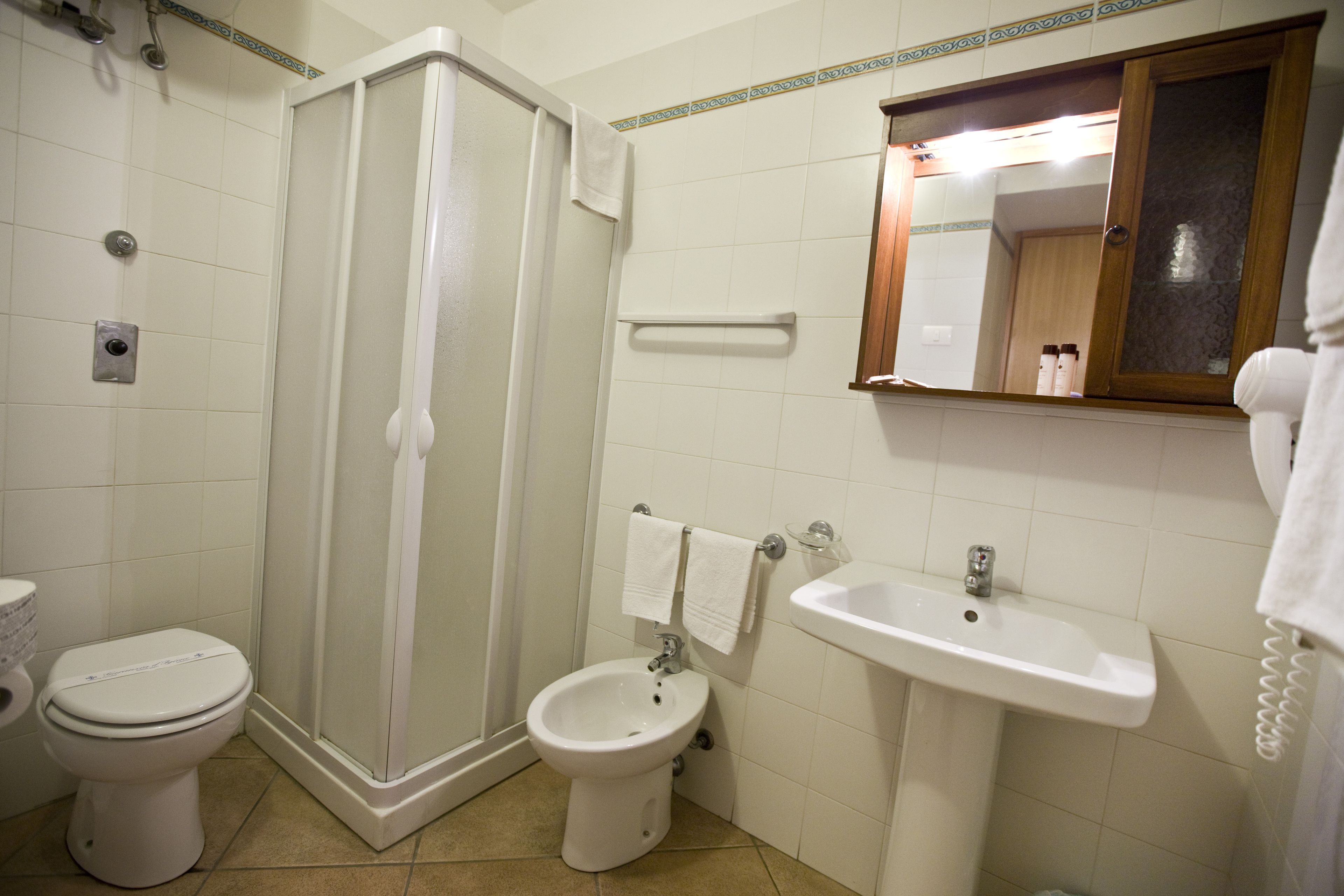 A bathroom with a toilet, bidet, shower, and sink.
