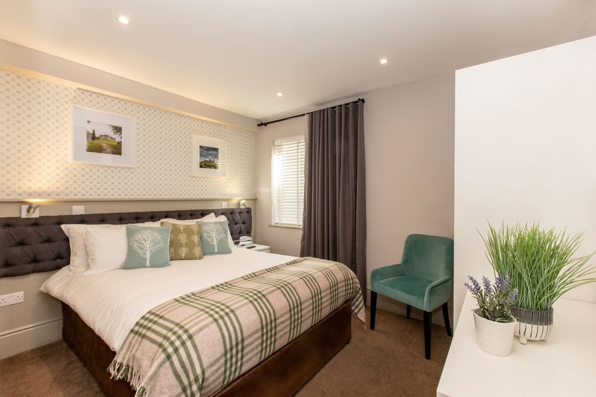 A bedroom with a bed, a chair, and two potted plants.