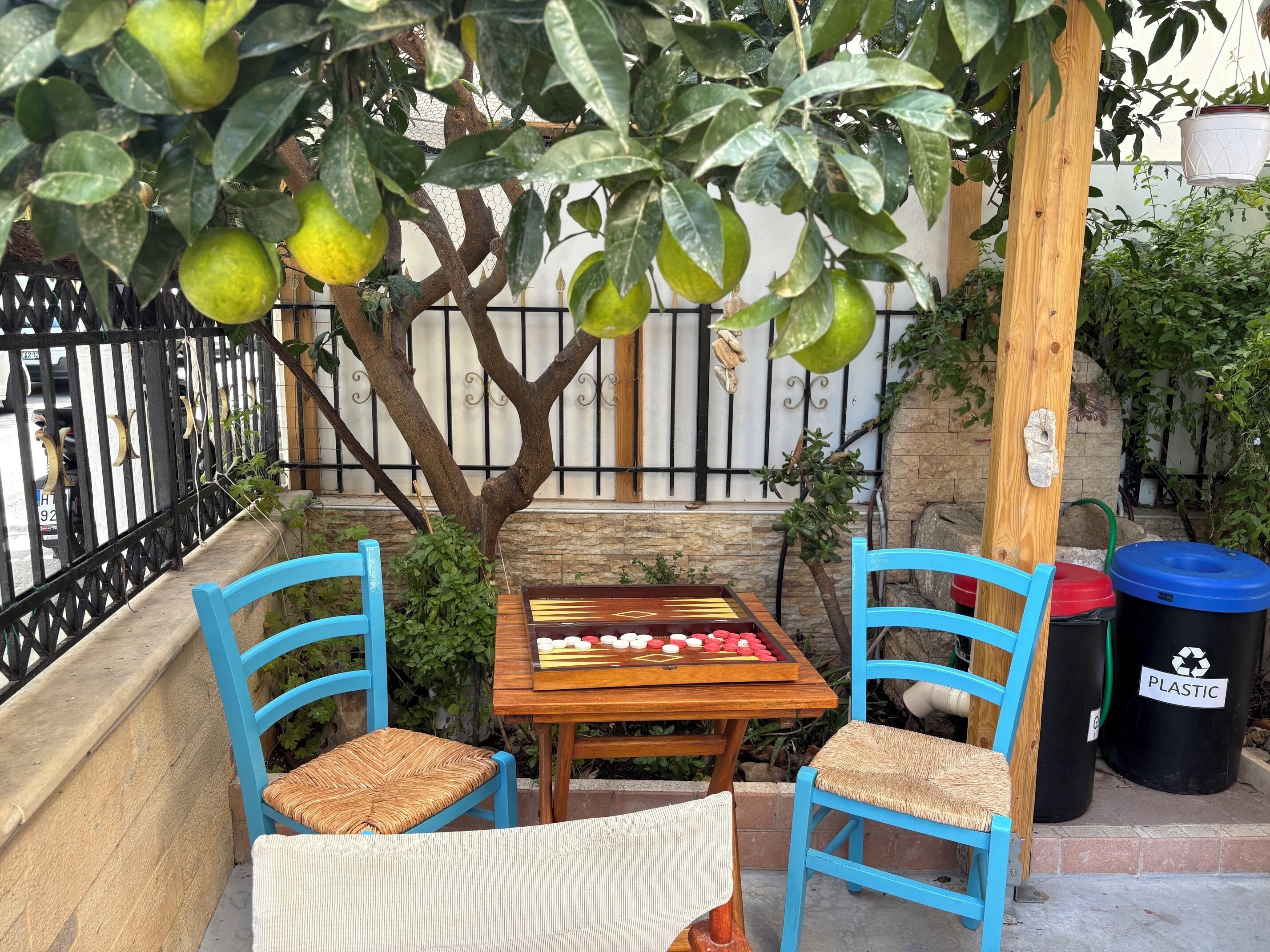 A patio with a table and chairs, a chessboard, and a fruit tree.