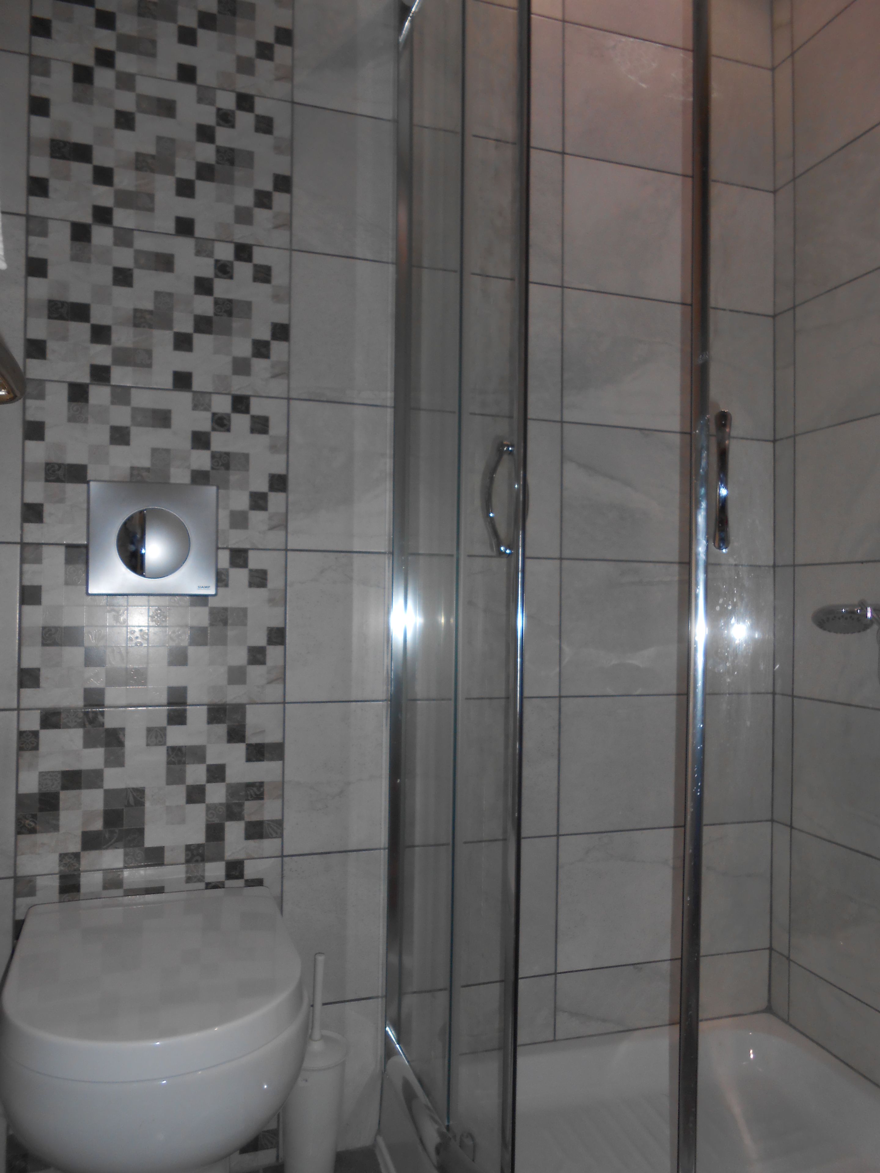 Uma casa de banho com sanita, chuveiro com porta de vidro e parede revestida de azulejos com padrão pixelado.
