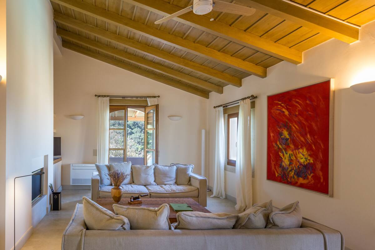 A spacious living room with a high ceiling and exposed wooden beams, a large window, and a vibrant abstract painting on the wall.
