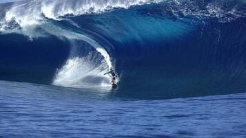 Un surfeur chevauchant une grosse vague dans l’océan.