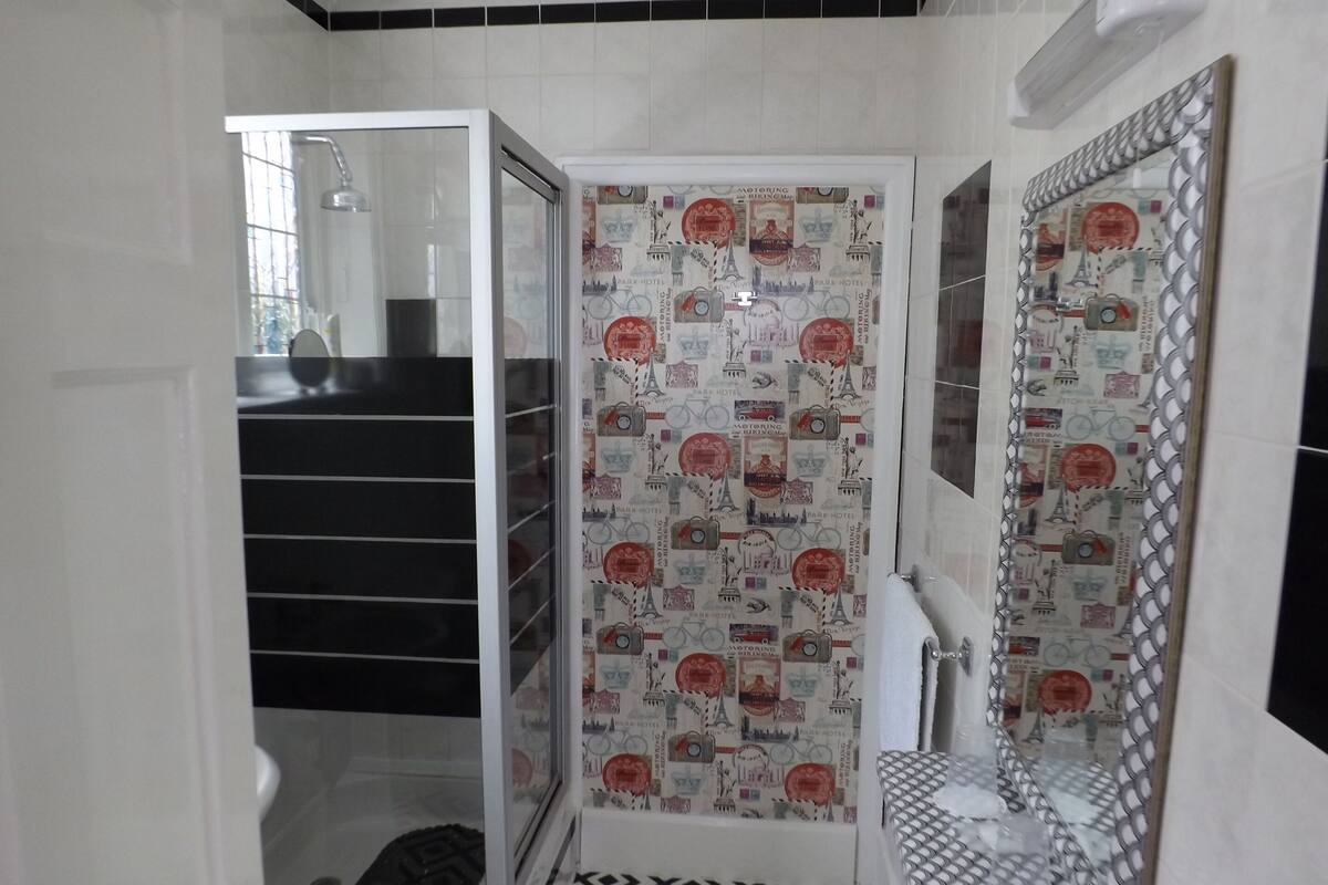 A bathroom with a shower, a patterned wall, a mirror, and a toilet.