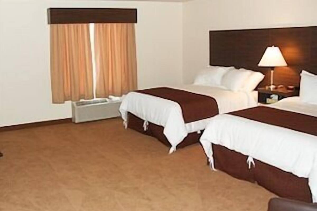 Een hotelkamer met twee bedden, een raam met gordijnen, een nachtkastje met een lamp en een vloerbedekking.