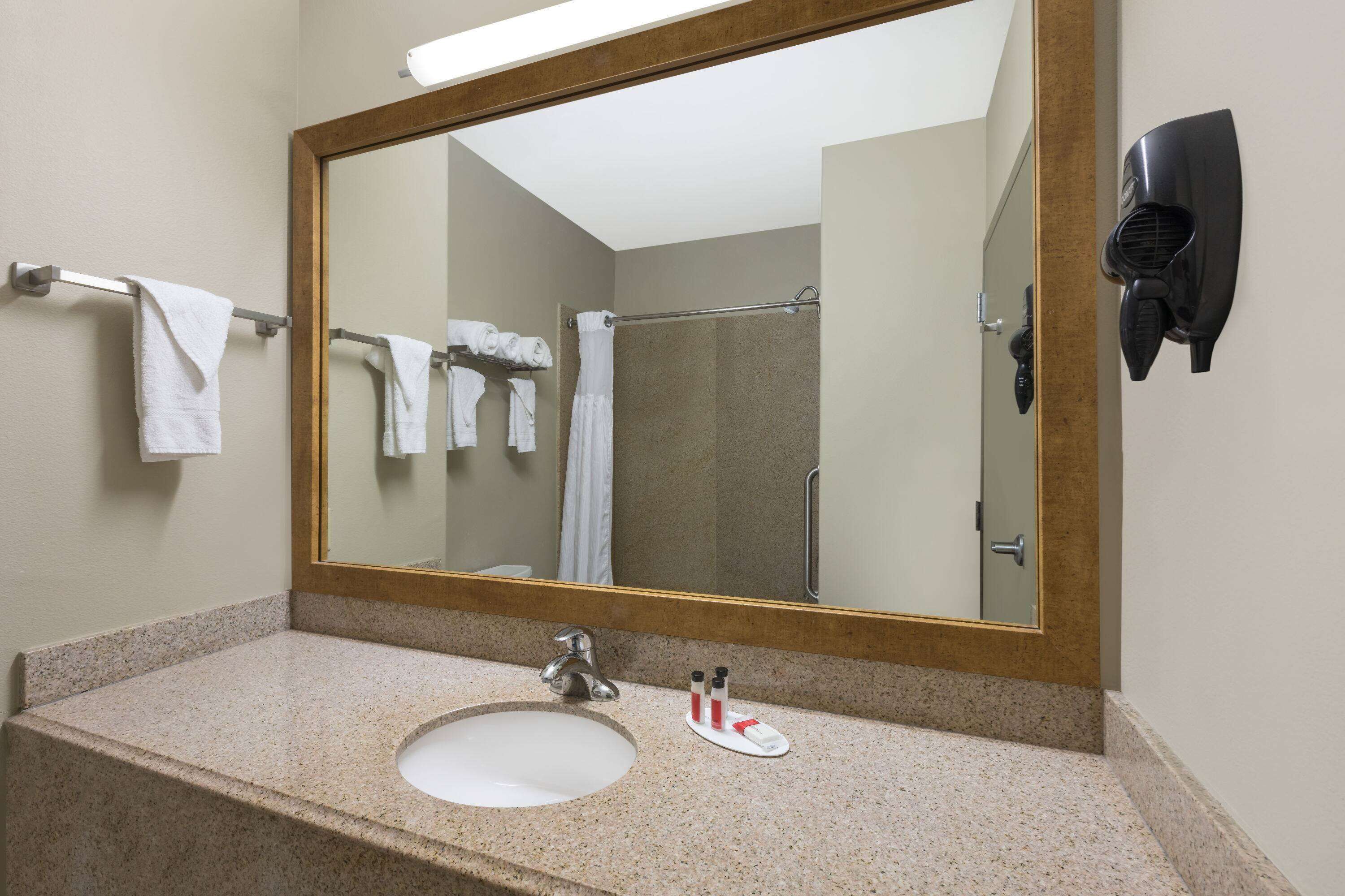 combined shower/bathtub, hair dryer, towels