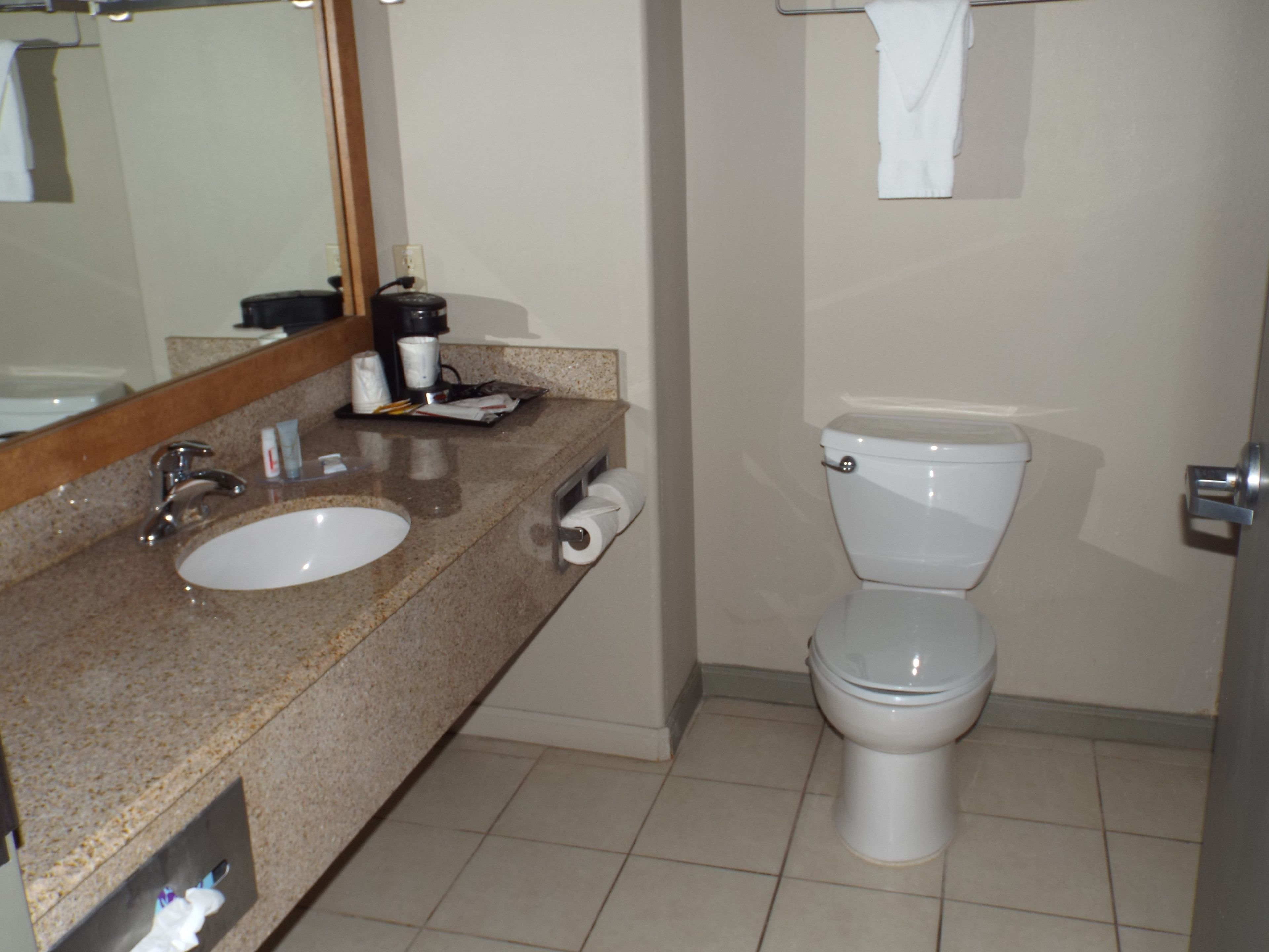 A bathroom with a sink, mirror, toilet, and towel rack.
