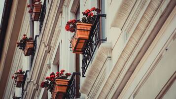 A building facade with multiple balconies, each with a flower box containing red flowers.