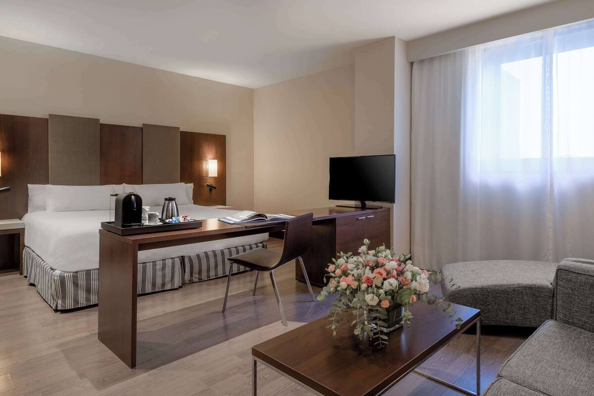 Une chambre d’hôtel avec un lit, un bureau, une télévision et un canapé.
