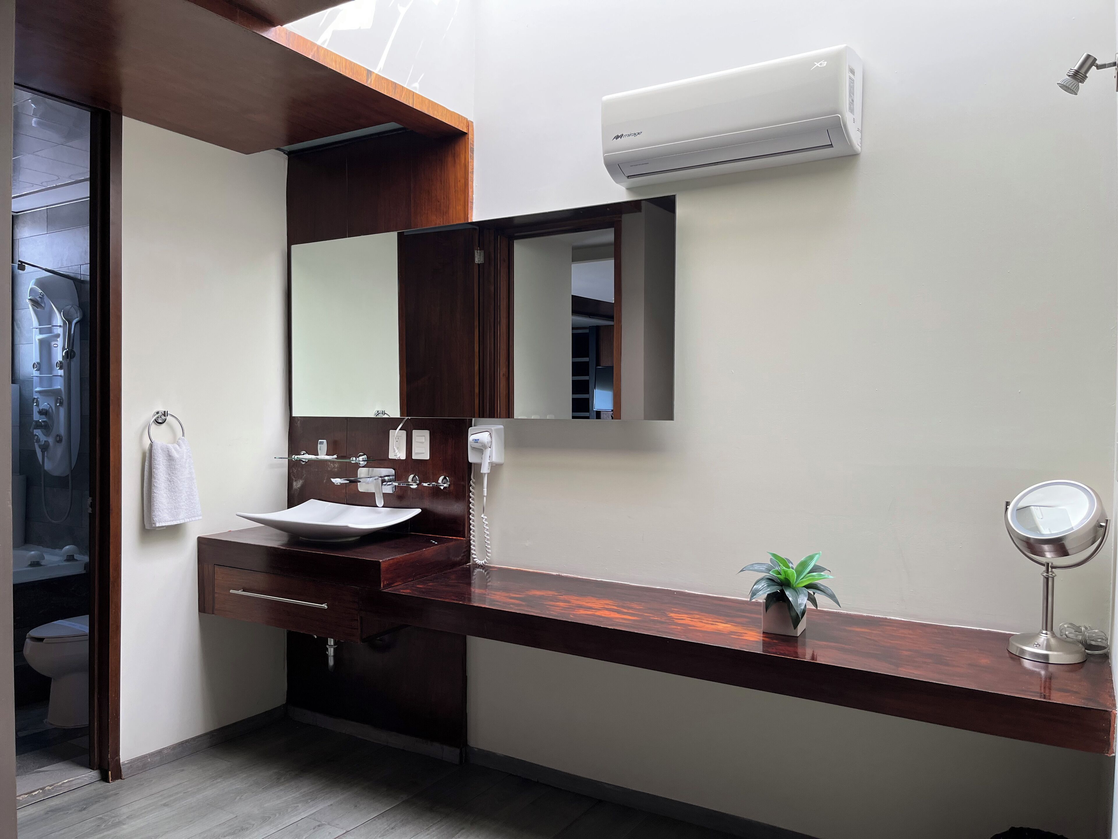 Un baño moderno con tocador de madera, un lavamanos blanco, un espejo y una pequeña planta en maceta.