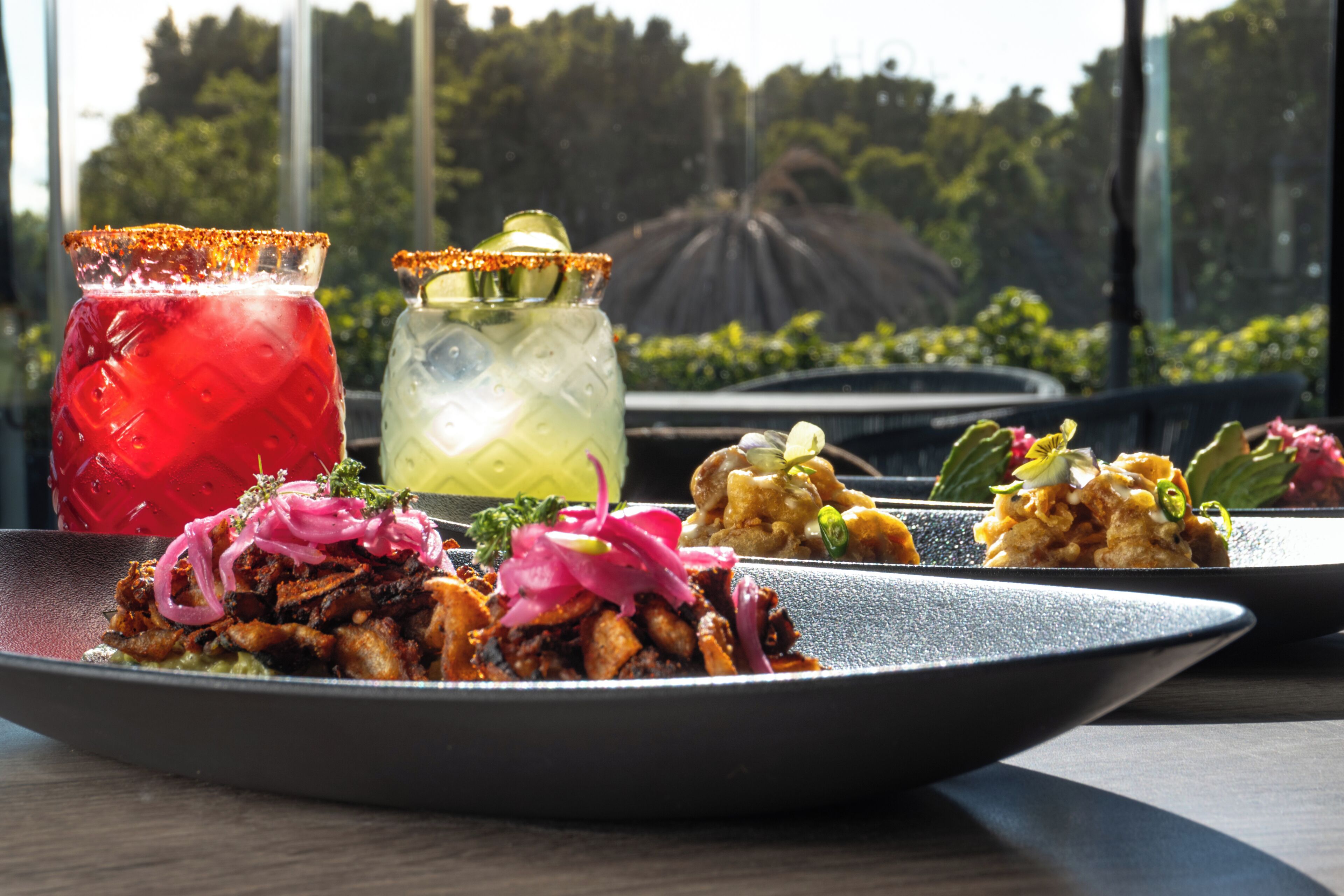 A table with a plate of food and two drinks, with a view of trees and a fountain in the background.