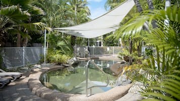 Outdoor pool, pool umbrellas, sun loungers