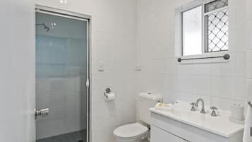 Une salle de bain avec une douche à parois de verre, des toilettes, un lavabo avec un miroir et une fenêtre ornée d’une grille décorative.