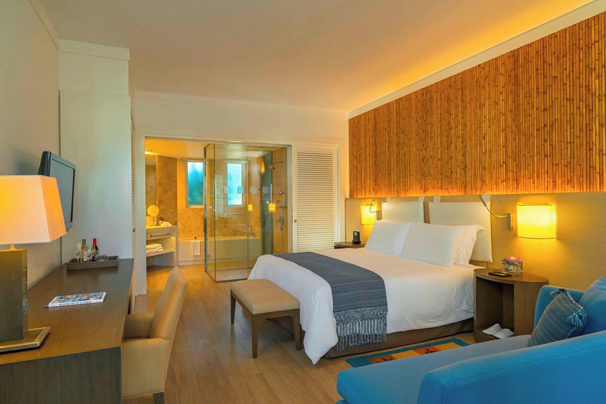 Une chambre d’hôtel comprenant un lit, des tables de chevet, un bureau, une chaise, un banc, un espace douche et une vue sur l’extérieur.