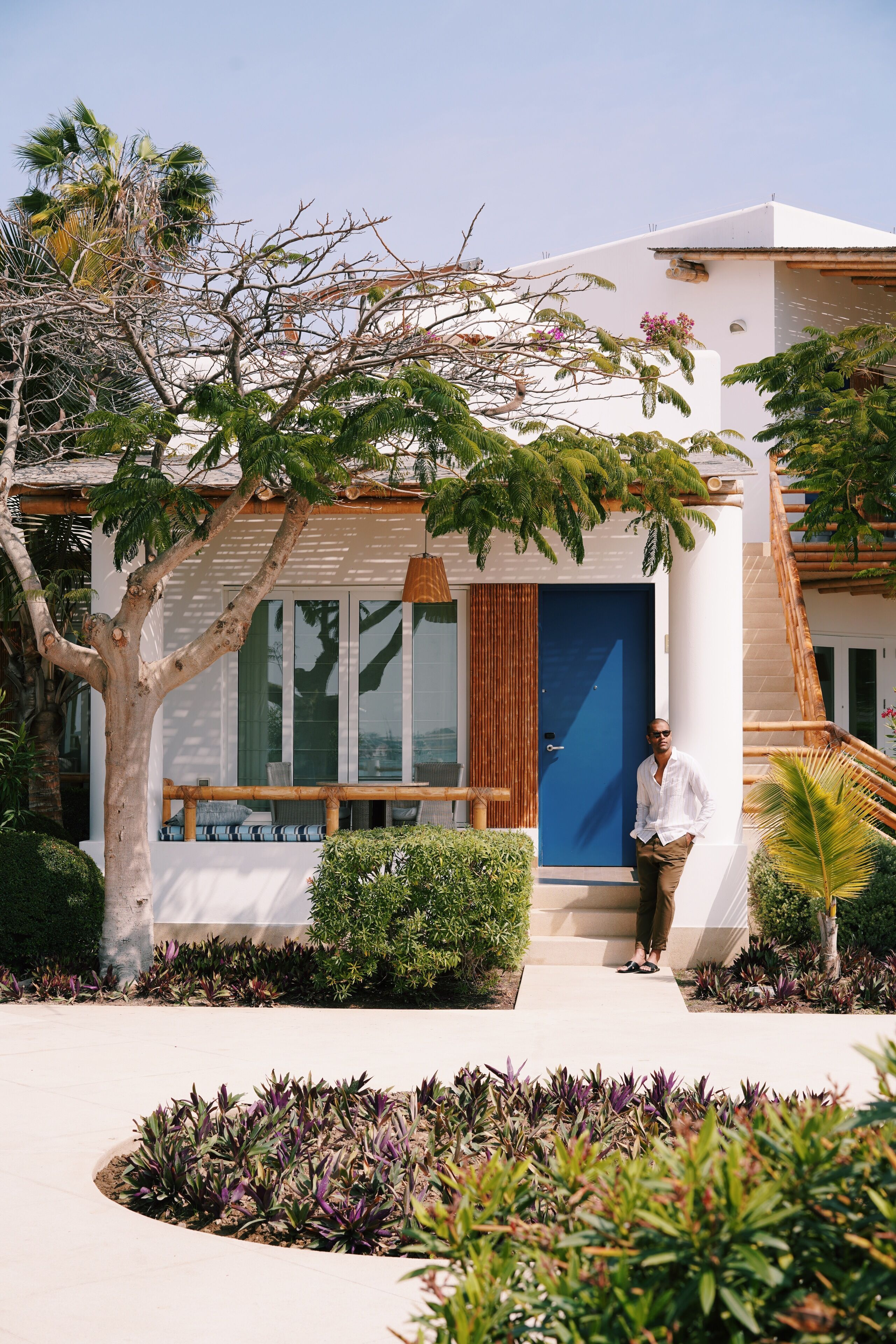 A modern building with a blue door, a staircase, and a garden area with various plants.