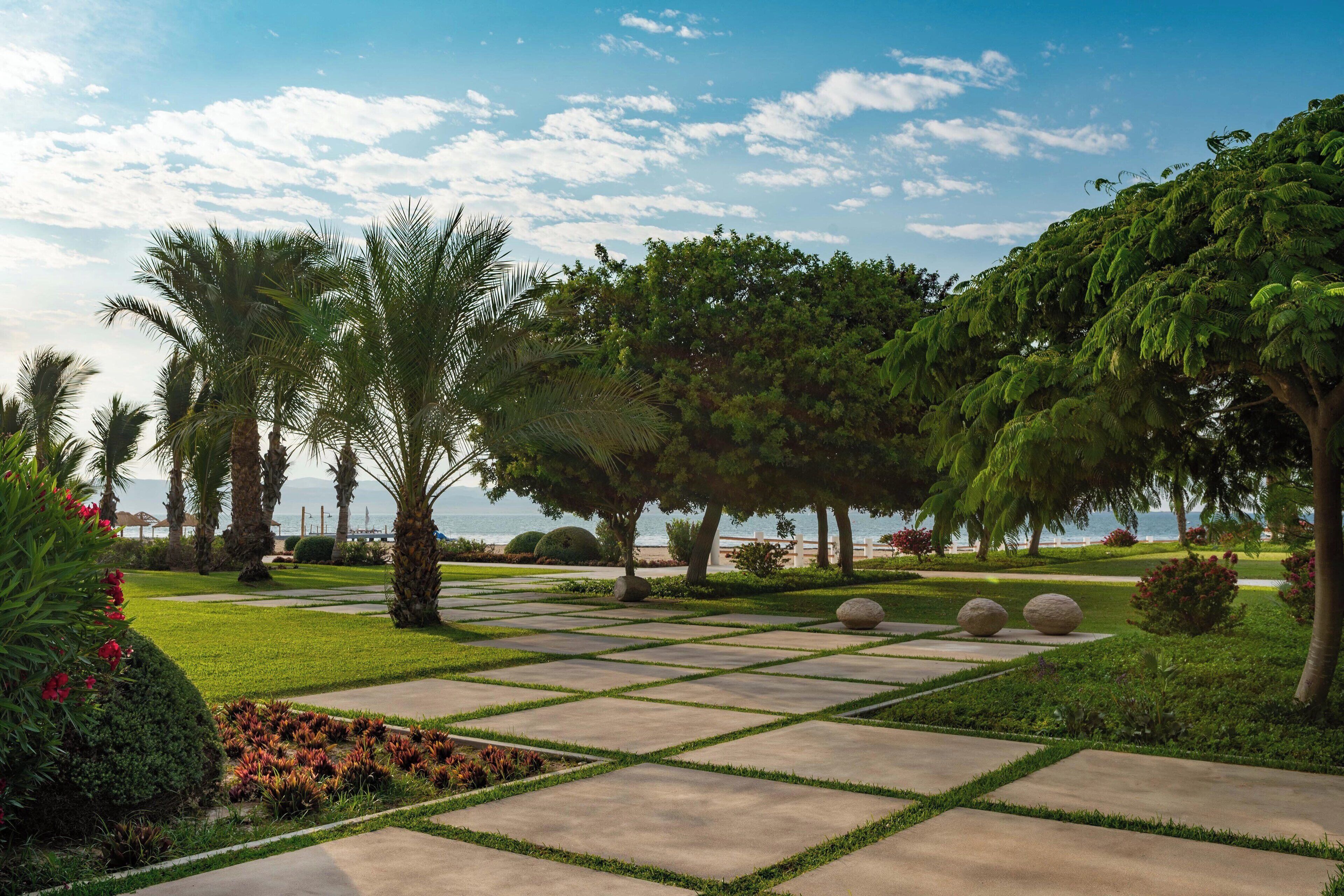 A landscaped garden with palm trees, a pathway, and a view of the sea.