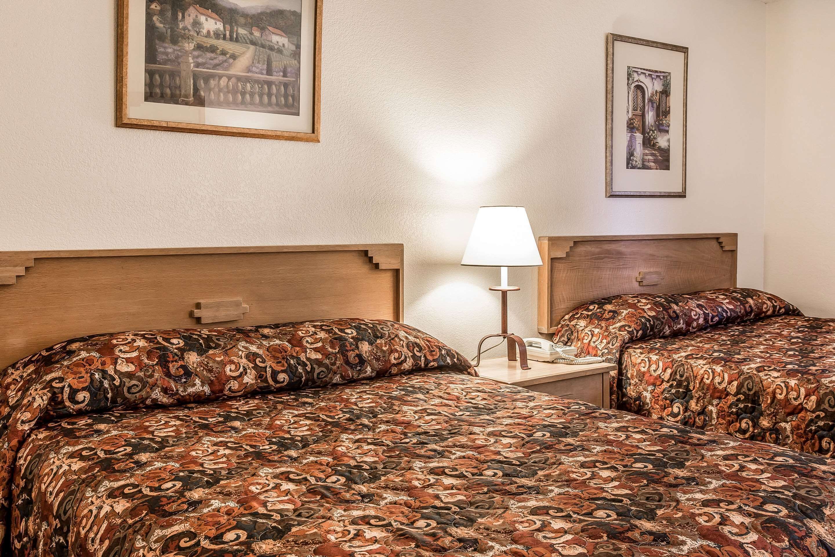 Quarto de hotel com duas camas, uma mesinha de cabeceira, uma luminária e quadros nas paredes.